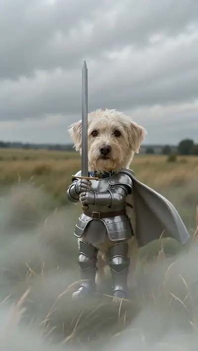 Knight Cat AI example: a shaggy cream dog in silver knight armour holds a sword in a misty field