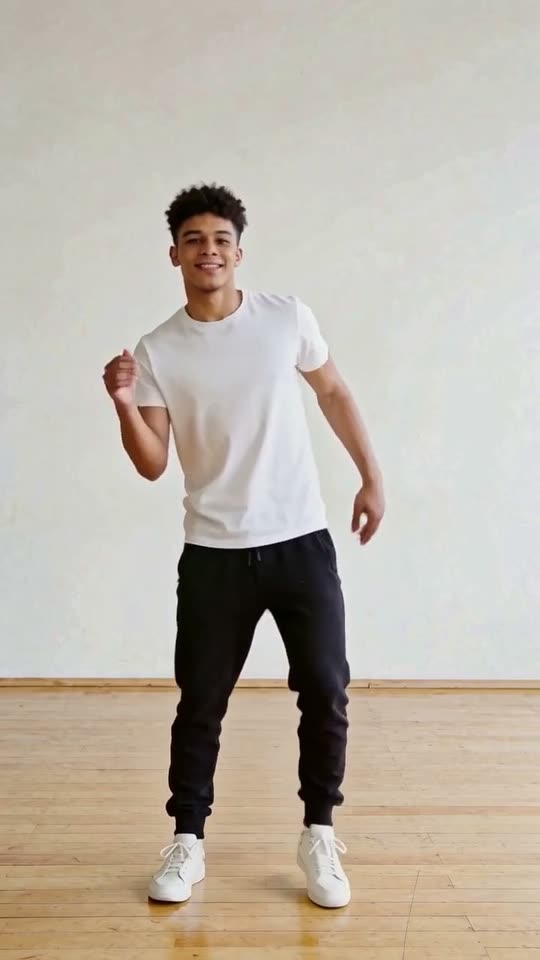 Step & clap preset dance: an AI-generated man in a white T-shirt and black joggers dances in a bright studio