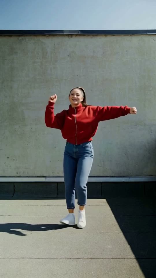 Arms up preset dance: an AI-generated woman in a red track jacket and jeans dances by a concrete wall