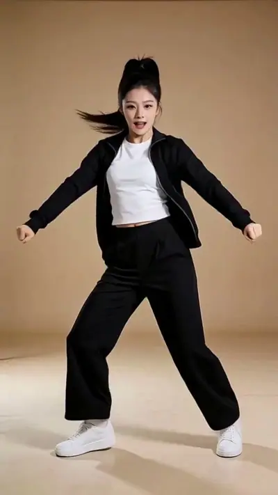 K-pop preset dance: an AI-generated woman with a high ponytail in a black jacket dances in a beige studio