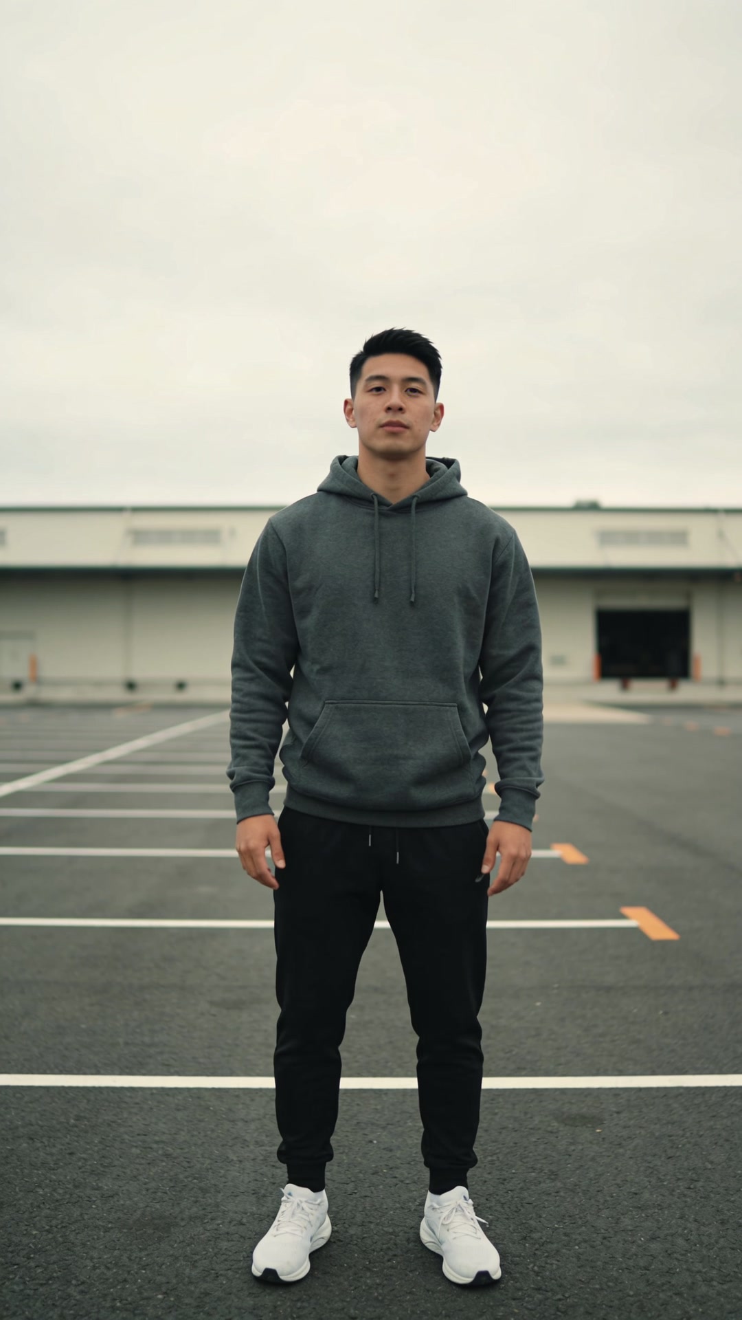 The photo used for this example: a man in a grey hoodie and black joggers stands in an empty parking lot