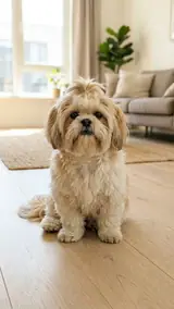 The photo used for this example: a fluffy Shih Tzu sits on a wooden floor in a living room