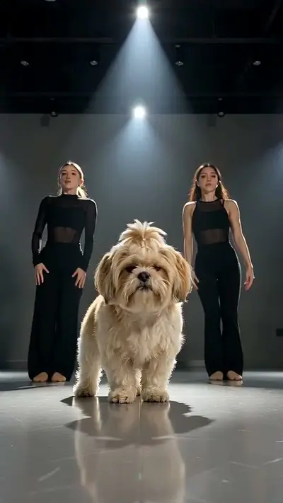 Put A Ring On It AI example: a Shih Tzu stands between two dancers in black on a spotlit studio floor
