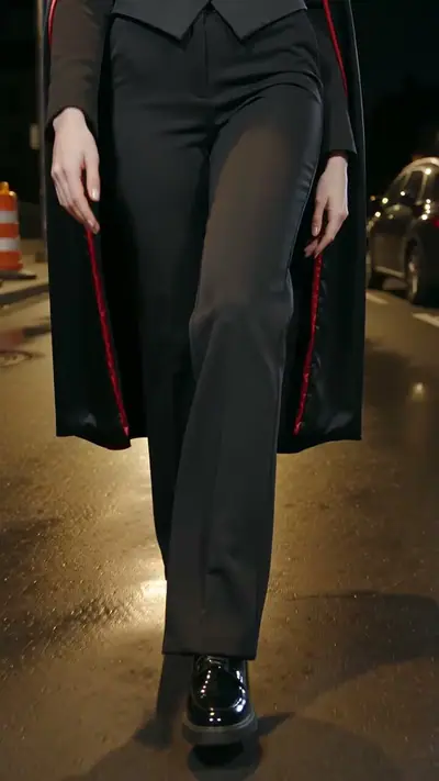 Ramalama AI example: legs in black trousers under a red-lined vampire cape walk down a street at night