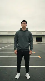 The photo used for this example: a man in a grey hoodie and black joggers stands in an empty parking lot