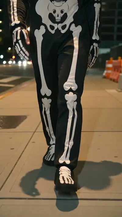 Ramalama AI example: legs in a skeleton costume walk down a city sidewalk at night
