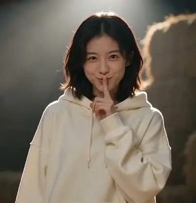 Rumpelstiltskin AI example: a woman in a cream hoodie holds a finger to her lips in a barn full of hay bales