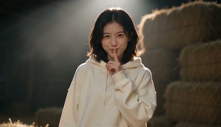 Rumpelstiltskin AI example: a woman in a cream hoodie holds a finger to her lips in a barn full of hay bales