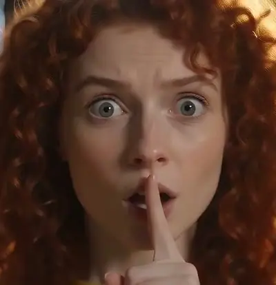Rumpelstiltskin AI example: a close-up of a woman with red curls holding a finger to her lips in a hay barn