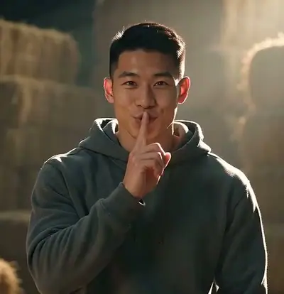 Rumpelstiltskin AI example: a man in a grey hoodie holds a finger to his lips in a barn full of hay bales
