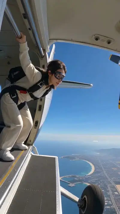 Skydiving AI example: a woman in goggles and a harness leans out of an open plane door above a blue coast