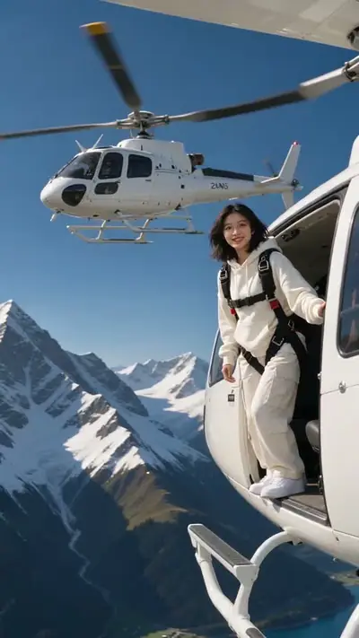 Skydiving AI example: a woman in a cream hoodie and harness at an open helicopter door above snowy peaks