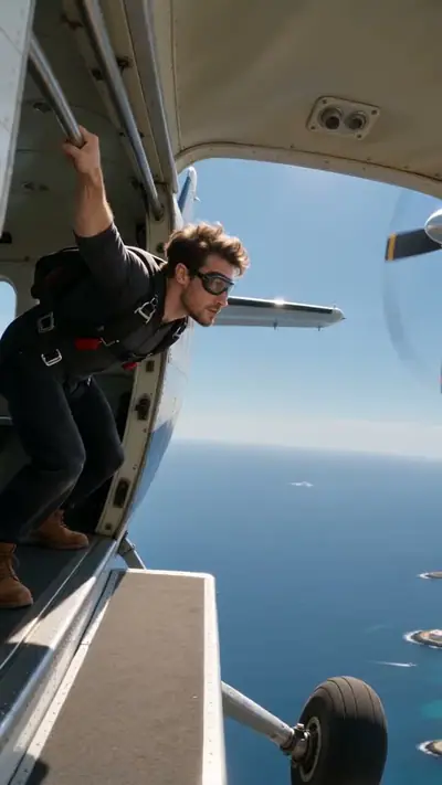 Skydiving AI example: a man in goggles and a harness leans out of an open plane door above the sea