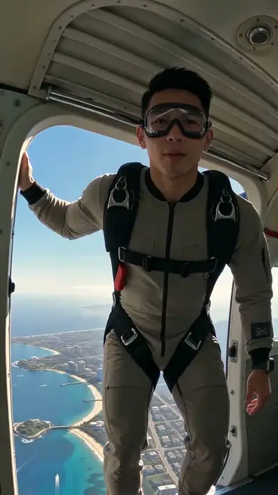 Skydiving AI example: a man in goggles and a jumpsuit stands in an open plane door above a coastline