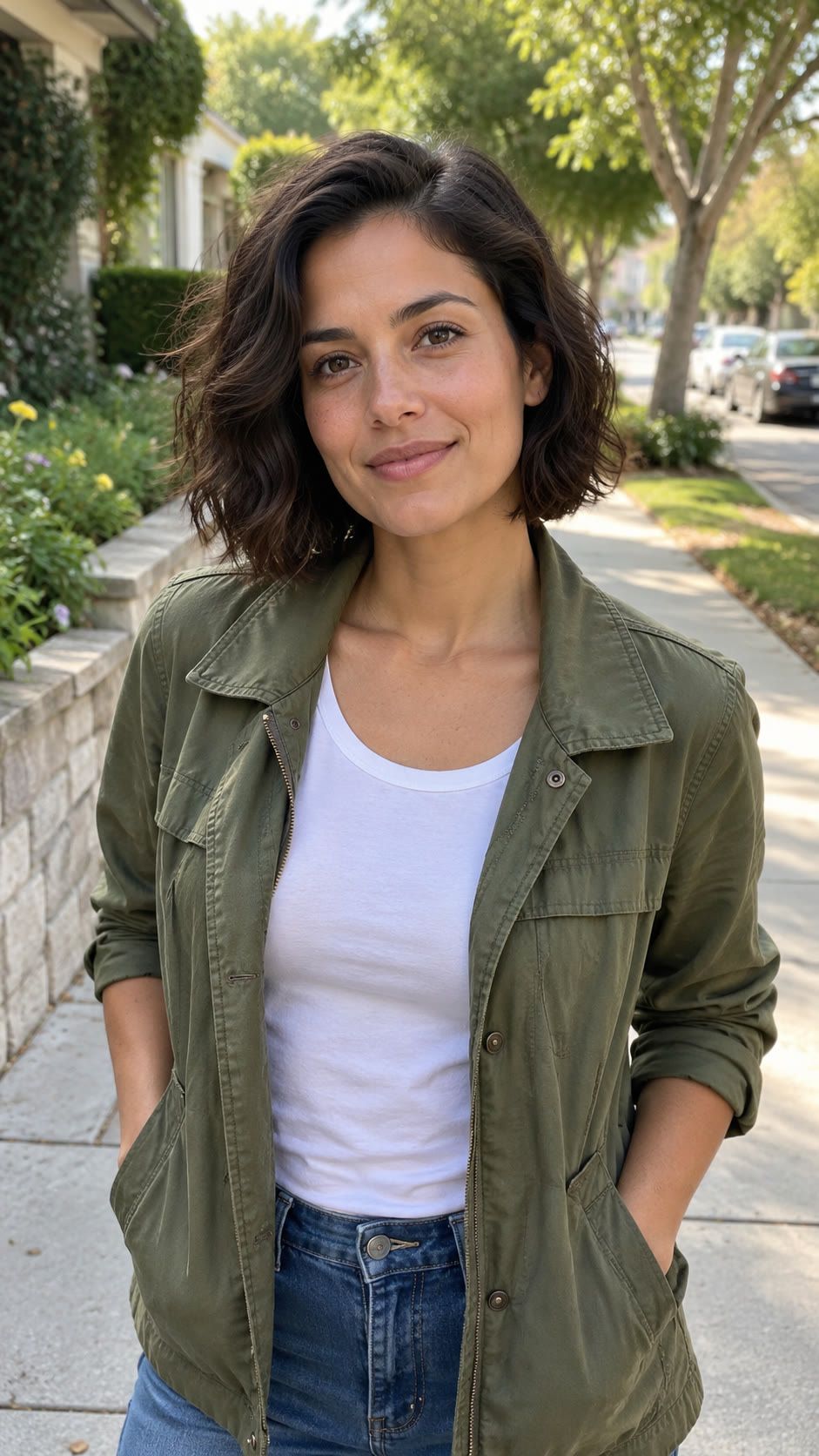 portrait for the AI car effect: a woman in an olive jacket and white shirt on a leafy sidewalk