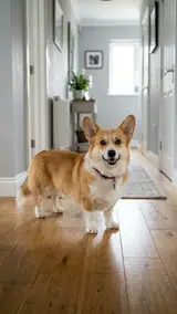 The photo used for this example: a smiling corgi stands on a wooden floor in a hallway
