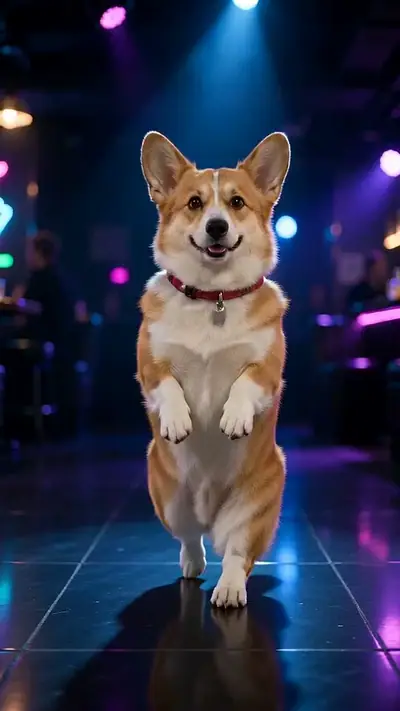That's My Dawg AI example: a corgi with a red collar stands on its hind legs on a neon-lit dance floor