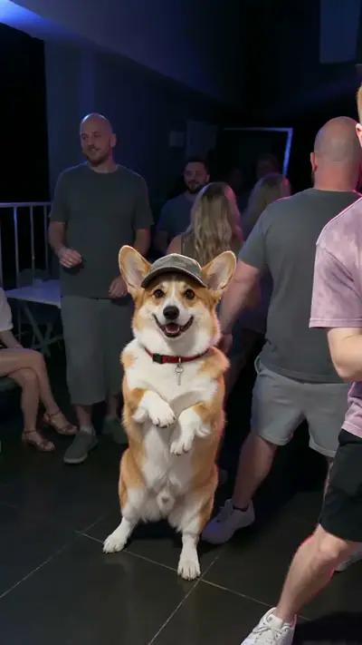 That's My Dawg AI example: a corgi in a grey cap stands on its hind legs beside a dancing man in a club