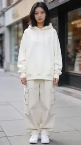 The photo used for this example: a woman in a cream hoodie and cargo pants stands on a city sidewalk