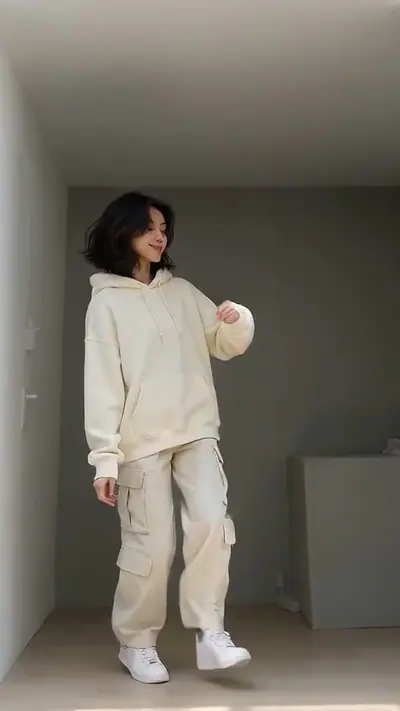 Toc Toc AI Dance example: a woman in a cream hoodie and cargo pants dances in a small grey room