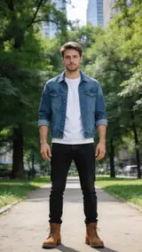 The photo used for this example: a man in a denim jacket, white T-shirt and black jeans stands on a park path