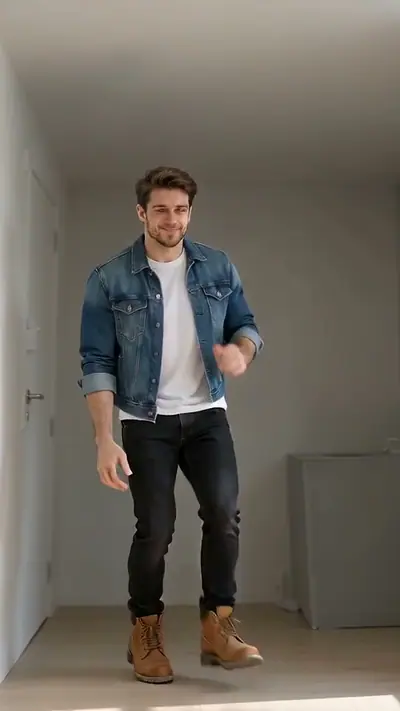 Toc Toc AI Dance example: a man in a denim jacket and black jeans dances in a small grey room