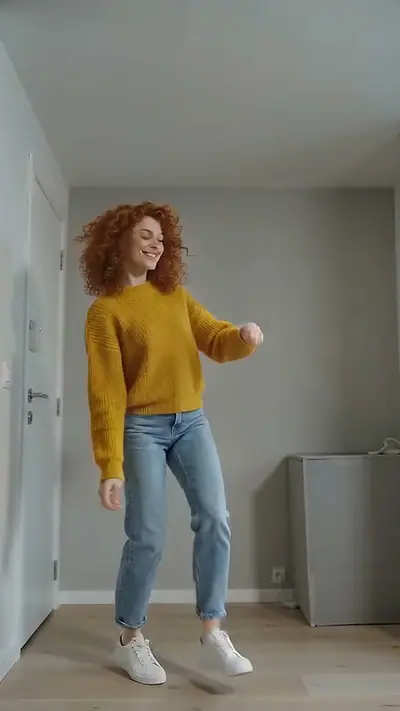 Toc Toc AI Dance example: a woman with red curls in a yellow sweater dances in a small grey room
