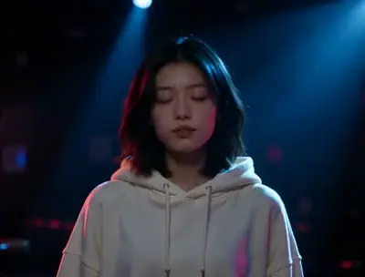 Turn The Lights Off AI example: a woman in a cream hoodie stands with closed eyes under blue stage lights in a dark club