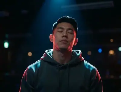 Turn The Lights Off AI example: a man in a grey hoodie stands with closed eyes under a blue spotlight in a dark club