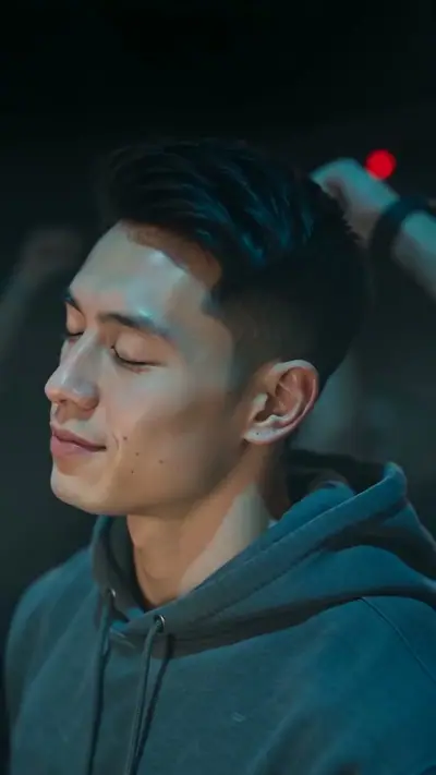 Turn The Lights Off AI example: a man in a dark teal hoodie sways with eyes closed in a crowded club lit blue-green