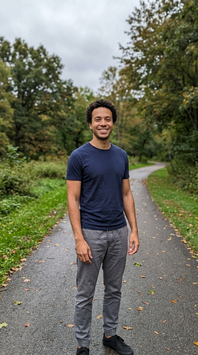 The photo used for this example: a smiling man in a navy t-shirt and grey trousers on a park path
