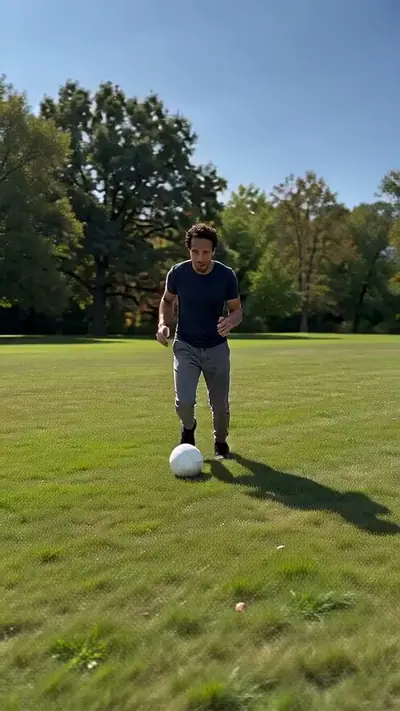 Yamal Rabona AI example: fake rabona AI sample: a man in a navy t-shirt and grey trousers fakes a rabona on a park field…